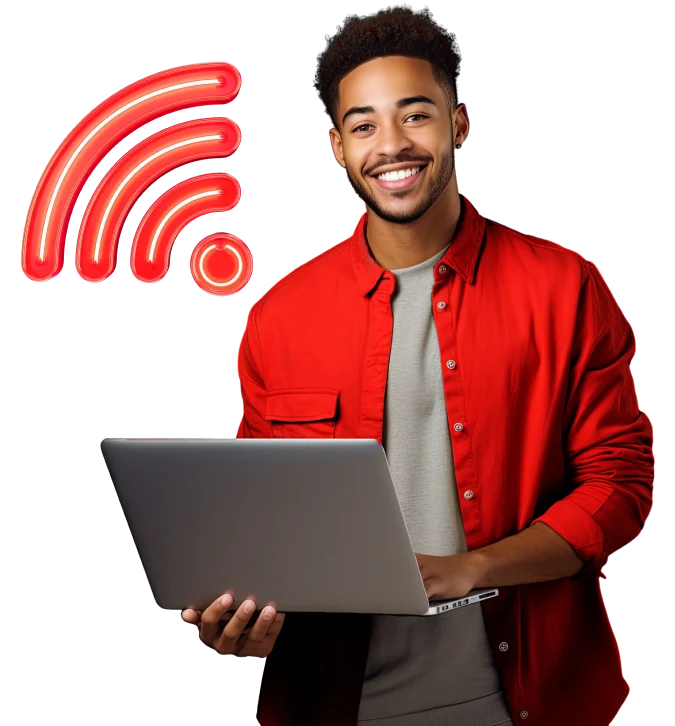 A man holding a laptop displaying a wifi symbol, indicating wireless connectivity.