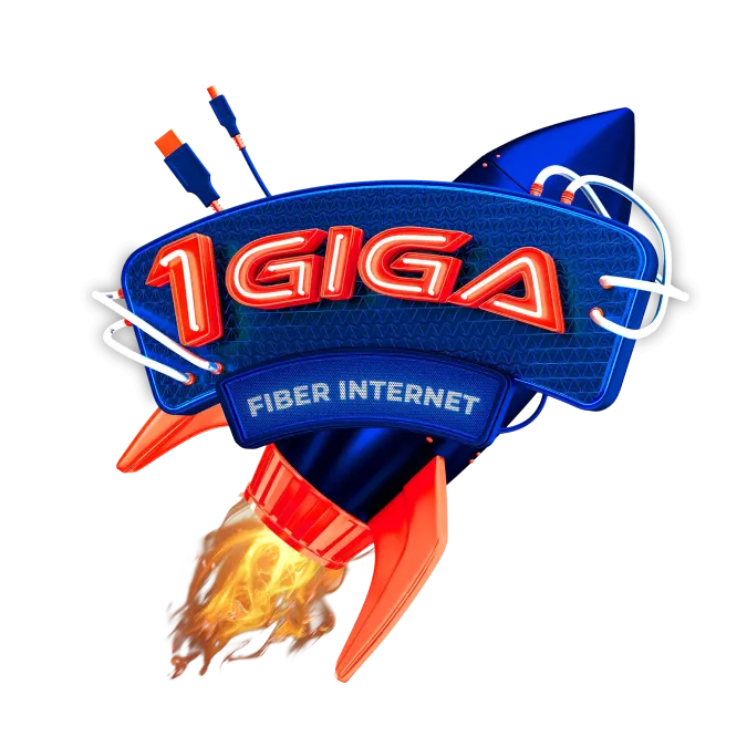A logo of a rocket flying through the air with the words '1 giga fiber internet' written on it.