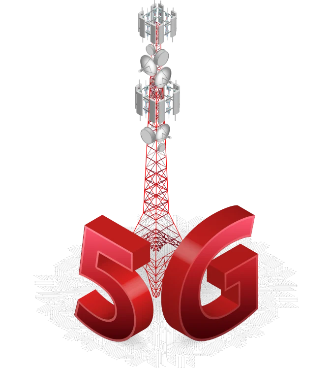 A cell phone tower with a red 5G sign.
