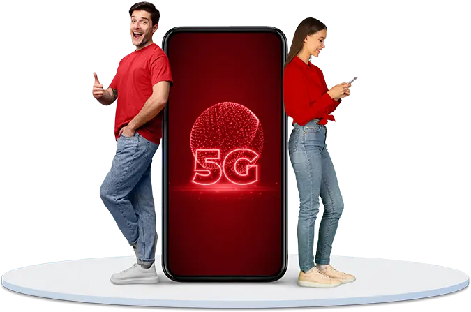 A couple standing beside a cutting-edge 5G phone, showcasing the latest technology in communication.