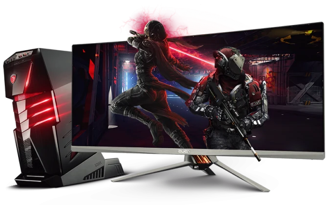 A computer monitor displaying a video game. The monitor is a ROG Swift PG-8Q from ASUS.