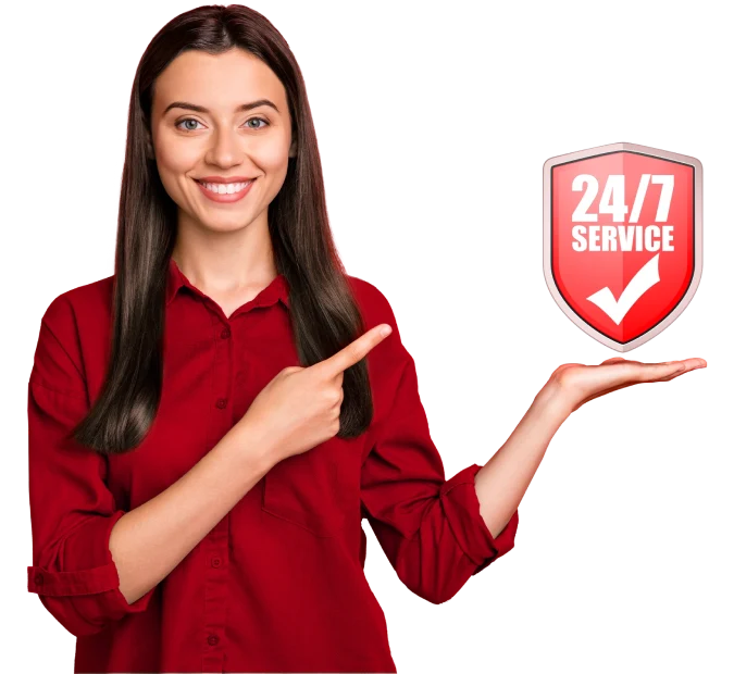 An image of a woman grasping a red service badge, signifying her recognition for outstanding service.