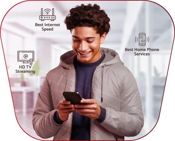 A guy smiling while using his phone. Icons showing HD TV Streaming, Best Internet Speed and Best Home Phone Service