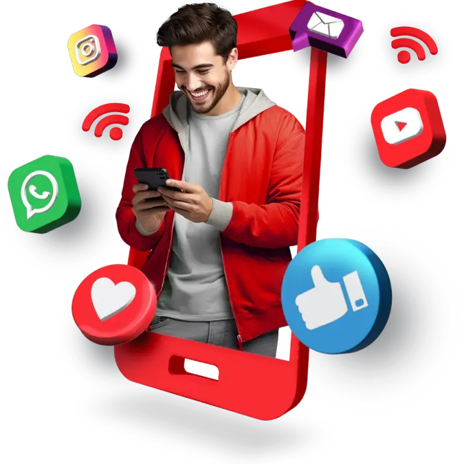 A man engrossed in his smartphone, surrounded by social icons, represents the concept of social media.