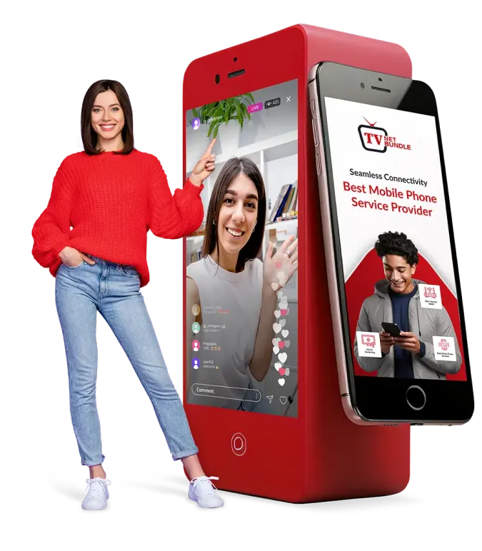 Woman standing next to red phone.