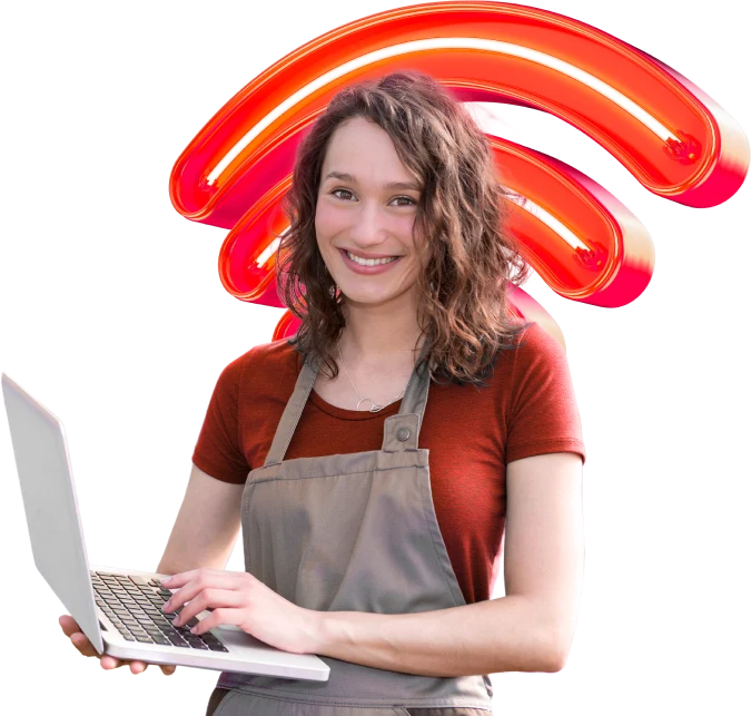 A woman holding a laptop displaying a wifi symbol, indicating wireless connectivity.