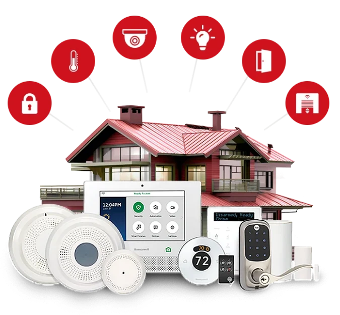 A house with a variety of home security products.