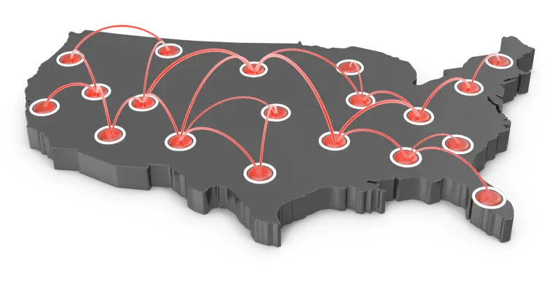 A 3D map of the United States with red lines coming out of it, representing connections between states.
