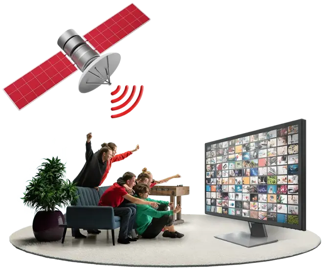 A family gathered around a television and enjoying satellite connection