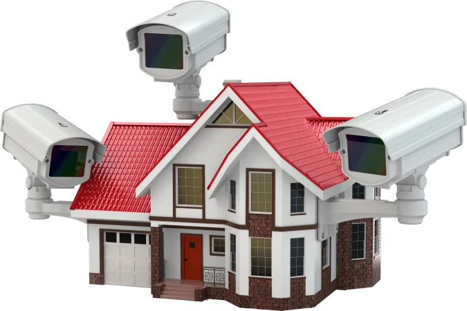 A house with a red roof surrounded by security cameras.
